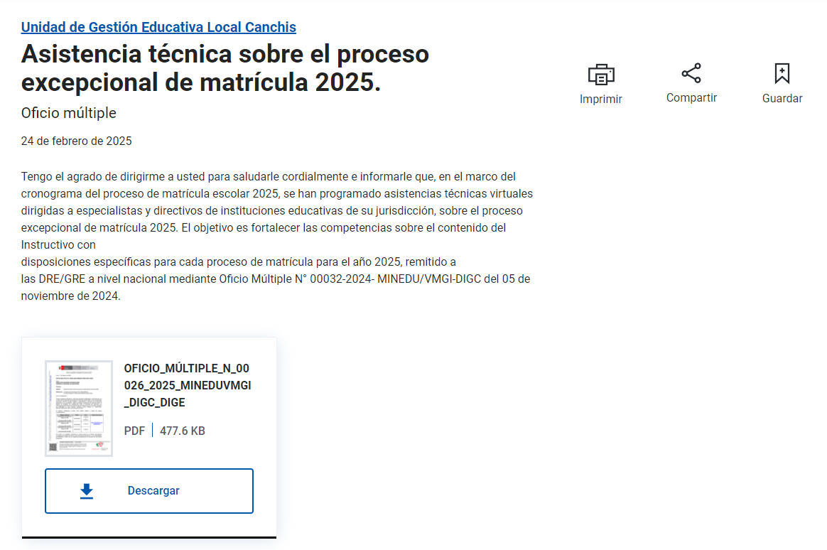 Asistencia técnica sobre el proceso excepcional de matrícula 2025.